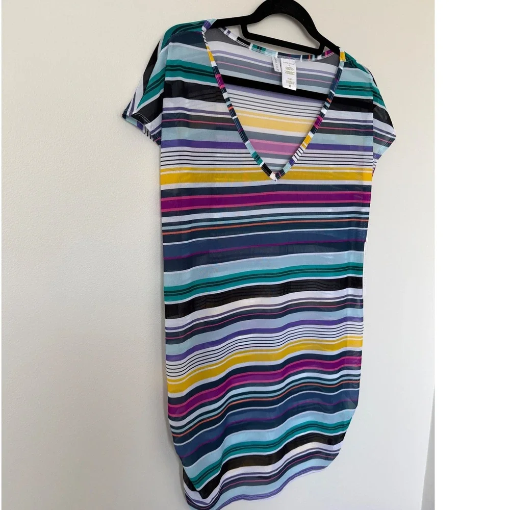 Anne Cole Multi Color Striped Mesh V-Neck‎ Swim Cover Up Dress Size M NEW